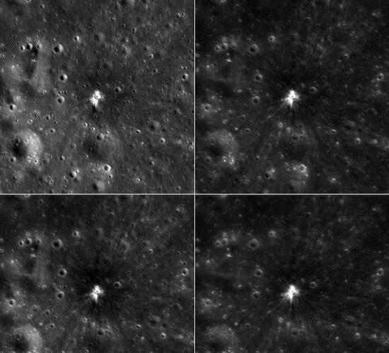 在月球上形成的一个新撞击坑，每幅图片覆盖1837英尺（约合560米）的区域。一直以来，月球便不断遭到宇宙碎片的撞击，表面坑坑洼洼。根据科学家的观测，这个物体撞击