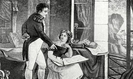 拿破仑一世战败后被放逐到海伦娜。图为一幅他与一名女性友人交谈的画像。