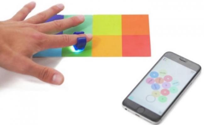光学感应指环能拾取物件的颜色，经手机应用程式转化为音响。
