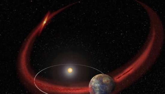 艺术示意图：研究显示水星上可能会周期性发生流星雨，原因是其轨道会周期性的穿越恩克彗星留下的碎屑物区域
