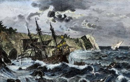 艺术家笔下，「圣玛丽号」在伊斯帕尼奥拉岛外海里触礁沉没时的画面。