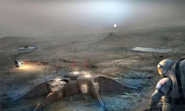 利用3D打印技术建造的火星基地艺术效果图，各舱室外部覆盖火星沙土，以屏蔽辐射保护舱内宇航员