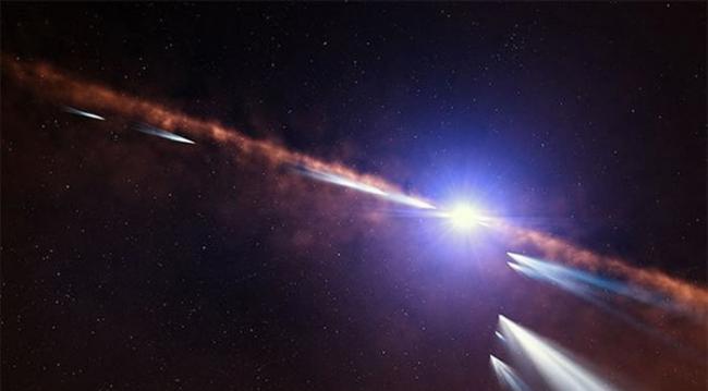 如图所示，这是艺术家描绘的一颗遥远恒星中的彗星，最新研究显示，67P彗星上发现的原始氧并不意味着存在生命迹象。