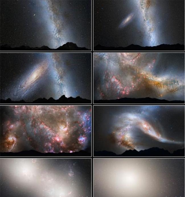 银河系与仙女座星系合并过程，八张图分别代表现在、20、37.5、38.5、39、40、51、70亿年后地球夜空的景象
