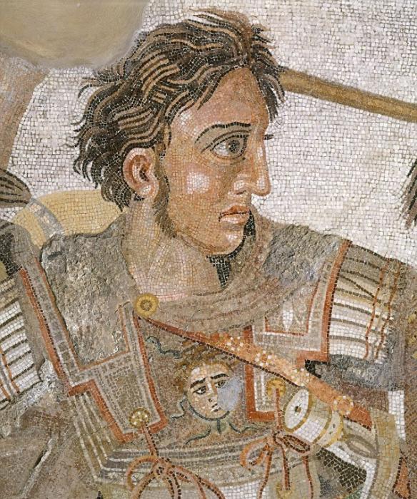 一幅亚历山大大帝拼贴画。考古学家表示墓主人为一名男性，可能是马其顿王国的一名地位显赫的将军。分析结果显示他中等身材，皮肤苍白，头发呈褐色或者红色，也有可能就是亚
