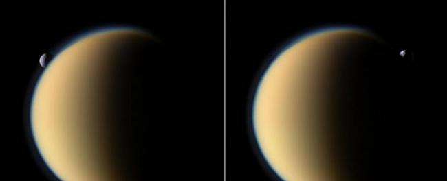 在卡西尼号拍摄的系列影像中，可以看到土卫三这颗较小的卫星从土卫六后方溜过。 PHOTOGRAPH BY NASA, JPL, SPACE SCIENCE INS