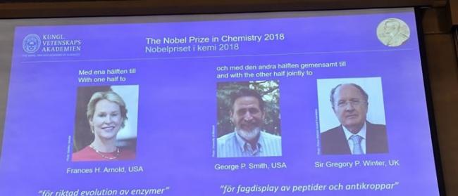 2018年度诺贝尔化学奖授予Frances H. Arnold、George P. Smith和Gregory P. Winter