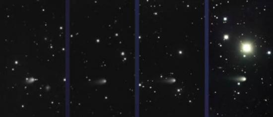彗星ISON的图像，由北双子望远镜使用双子多目标摄谱仪获取，从左到右图像拍摄时间分别是2月4日，3月4日，4月3日以及5月4日，可以观察到彗星在此期间发生的变化