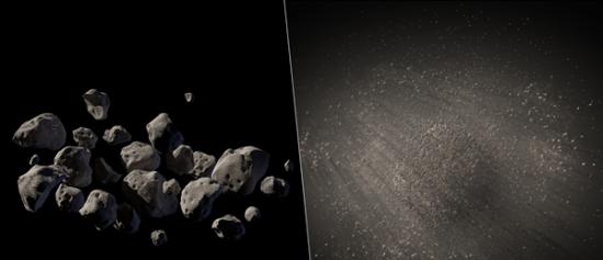 2011MD可能是一群小岩石（左），或者是包裹着大量尘埃颗粒的一颗大岩石。