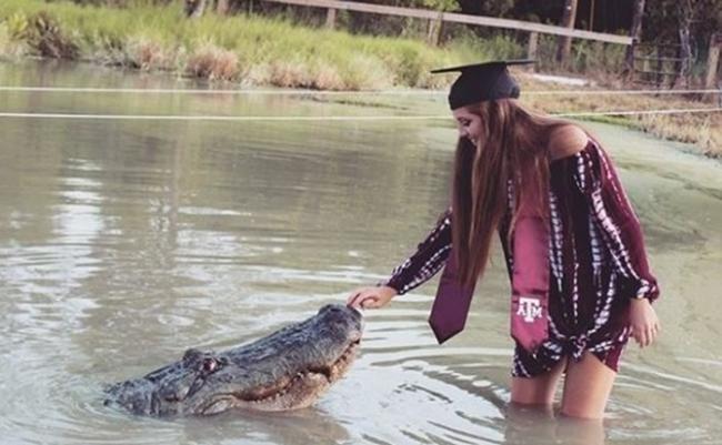 美国德州农工大学女毕业生Makenzie Noland跳进池塘和4.2米长鳄鱼拍摄毕业照