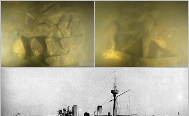 考古人员在水下发现舰舷外壁的木质髹金“经远”名字牌，确认沉舰为“经远舰”。