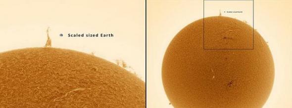 瑞典摄影师拍摄到太阳表面巨型日珥结构，是地球大小7倍多，形状颇似埃菲尔铁塔。