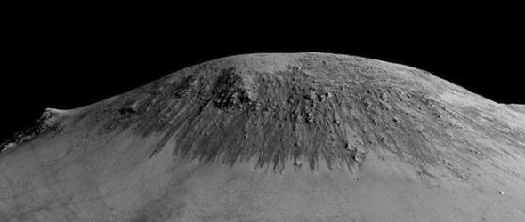 火星勘探轨道飞行器的成像光谱仪确认霍洛维茨陨石坑（Horowitz crater）斜坡上暗色条纹确实包含水分子和盐的晶体结构，证实了这些冲刷条纹是由液态水形成的