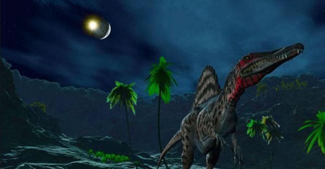 地球白垩纪的夜晚，小行星撞击月球想象图，图片地点为埃及，恐龙为棘龙