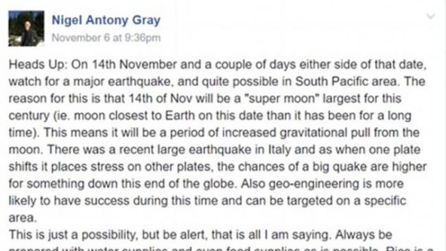 格雷曾发文称今日会发生一场严重地震。