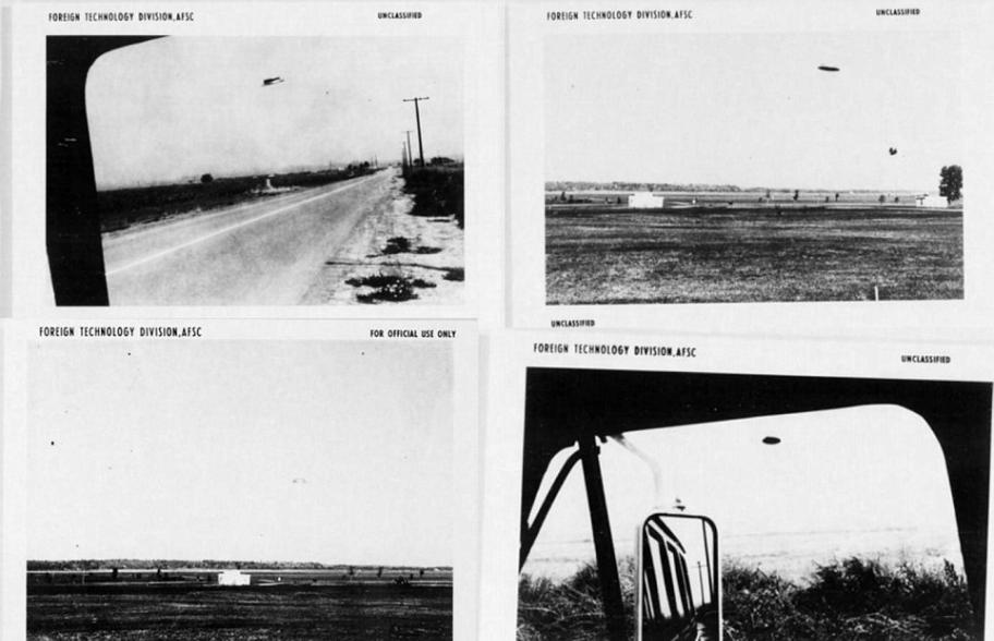 图中显示的为1965年8月3日，一位名为雷克斯的目击者拍摄到圆盘状的飞行器飞过，飞跃了美国海军陆战队的航空基地。