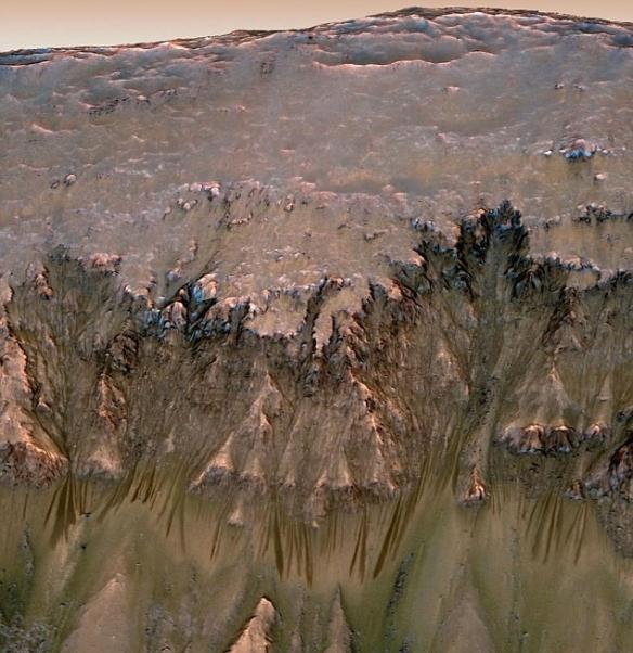 欧嘉研究火星山沟的图像，找出疑似流水的证据。