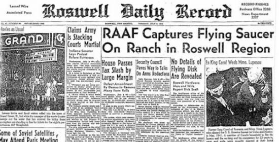 《罗斯威尔每日纪事报》9日在头版大幅报导飞碟坠毁、外星人死亡事件。