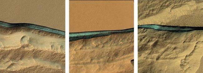 科学家发现许多位于火星中纬度地区的侵蚀斜坡，在地表下方一到两公尺深处有蓝色的物质层存在，光谱探测的结果显示这些物质极有可能由水冰构成。 PHOTOGRAPH B