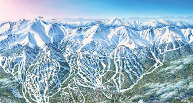 在这幅科罗拉多州布雷肯里治滑雪场（Breckenridge Ski Resort）的地图中，画家吉姆． 尼修斯（Jim Niehues）稍微更动了滑雪场的地貌，