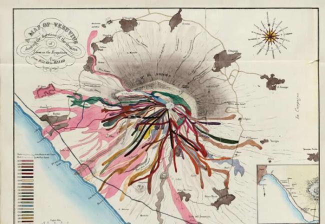 这张地图记录了维苏威火山（Mount Vesuvius）从公元1631年到1831年间28次喷发所流出的熔岩流，每次喷发的熔岩流都以不同颜色标示。 地图上记录的