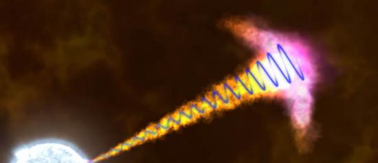 这幅艺术家印象图展示了理论模型是如何将伽马射线爆发产生的强大稳定的偏振光与起源于新形成黑洞的大规模磁场（蓝色螺旋）相联系的。