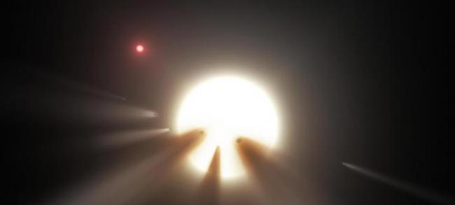 另一个理论是有一群彗星经过博亚吉安之星前方，因而导致这颗恒星的亮度下降。 ILLUSTRATION COURTESY NASA
