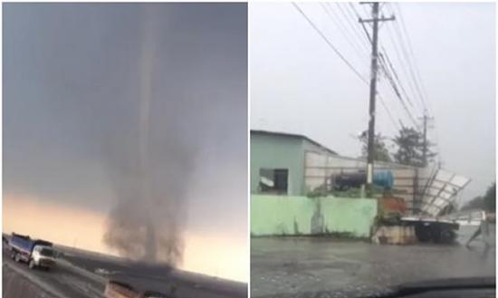 左图为龙卷风来势汹汹；右图为铁皮屋被强风摧毁。