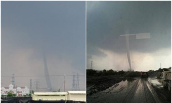 左图为龙卷风掠过民宅电线杆；右图为龙卷风来袭一刻，风云色变。