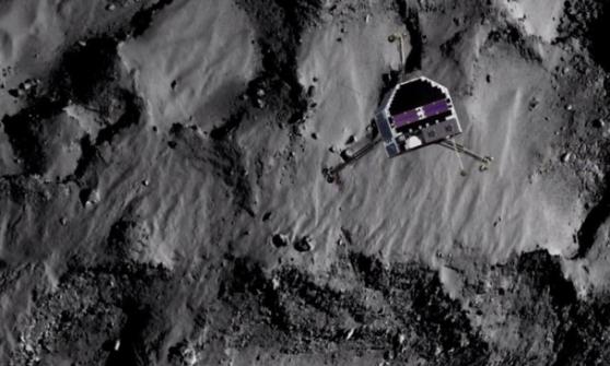 在模拟图片中菲兰与“罗塞塔号”分离后，缓缓登陆彗星表面。