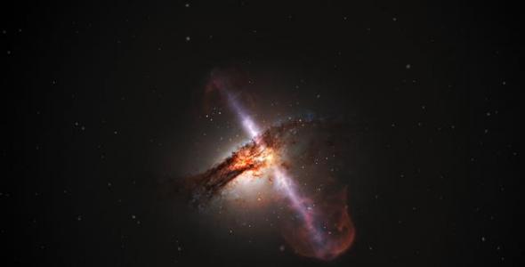 星系合并时，中心黑洞产生相对论性喷流，同时放射出大量射电辐射。喷流的两个等离子体喷束以接近光速的形式运动，方向垂直于黑洞周围的物质圆盘，向外太空延伸数千光年。（