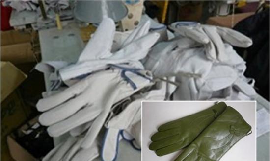图为涉事的中国狗皮工厂用狗皮制成的手套半完成品和完成品