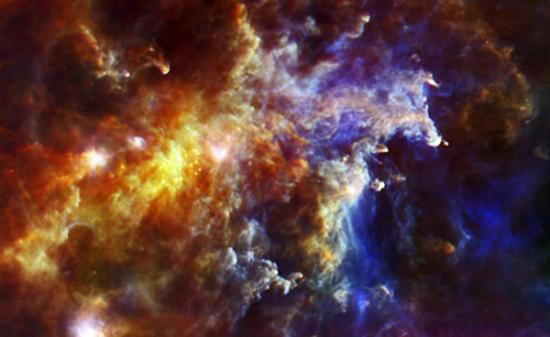 距离地球约5000光年的恒星摇篮--玫瑰星云的高清图，拍摄于欧洲航天局的赫歇尔空间天文台。