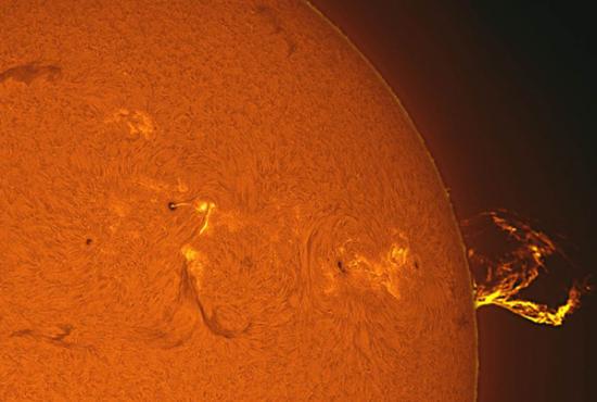 据地球约9300万英里（约1.5亿公里）的太阳的近照，太阳表面的日珥清晰可见，天文爱好者拉夫•史密斯（Ralph Smith）于2013年初在自家花