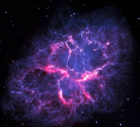 蟹状星云的复合图片。蓝色是利用哈勃太空望远镜进行的可见光观测，显示了来自星云中央中子星的能量产生的气体释放。红色是赫歇尔空间天文台进行的红外观测，揭示了寒冷的尘
