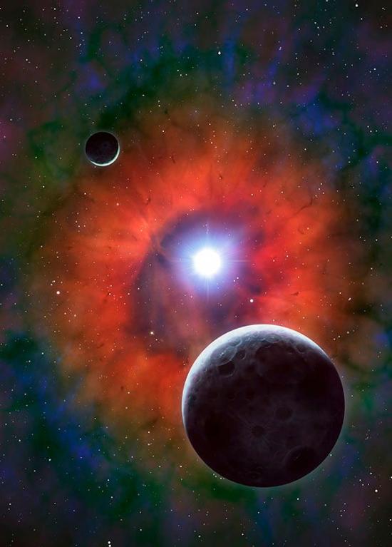 仙后座A源变成超新星的艺术家概念图，图中还有两颗行星