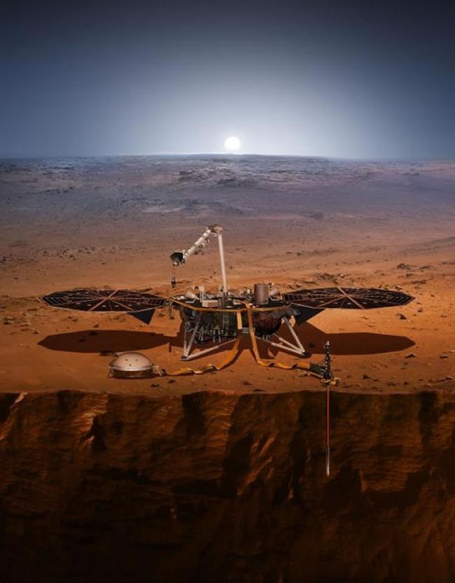这张艺术家的想象图描绘了火星上的美国航天总署（NASA）洞察号登陆器。 NASA宣布登陆器可能已经侦测到这颗红色星球内部的震动──这也是人类有史以来第一次记录到