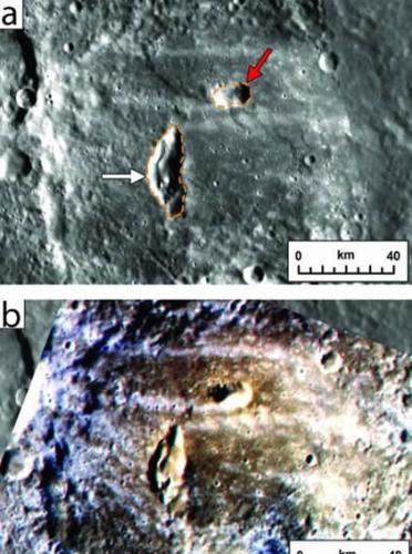 水星Kipling陨坑内的两个火山喷口，如果是在撞击发生之前出现的，就会被摧毁，由此可见它们是在近期才形成的；下方是同一地点的假彩色图像，可以识别出火山溅射物的