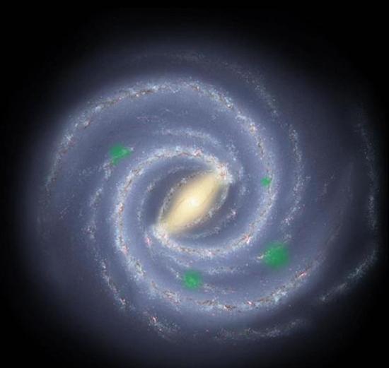 天文学家已经研发出一种新型计算机模型，用来探测发现这些“生命的种子”在行星(图中绿色标记部分)之间穿行时所形成的生命结构和群组。