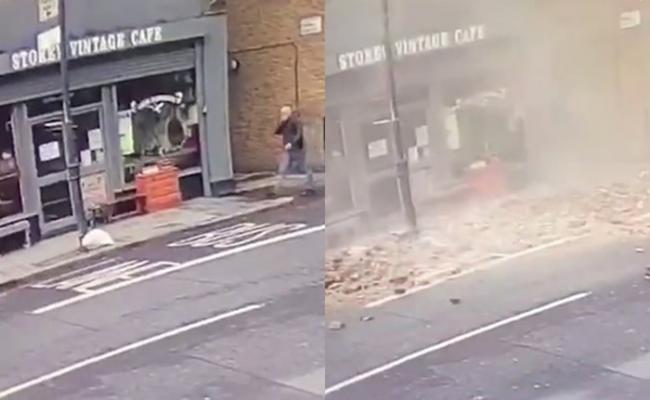 英国伦敦东部哈克尼男子经过咖啡店时屋檐突然倒塌 幸运与死神擦身而过