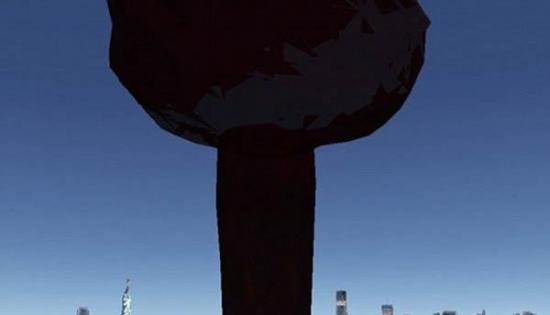 这张图片显示了从纽约港观看曼哈顿10千吨的核弹爆炸产生的蘑菇云