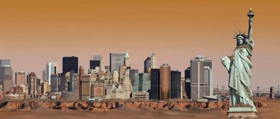 火星上被沙尘暴覆盖的纽约市