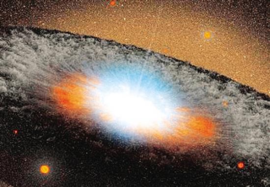 这幅由艺术家绘制的图像描绘了一个位于星系中心的超大质量黑洞。图中蓝色区域是物质进入黑洞时所产生的辐射。围绕黑洞的灰色结构被称为环面，由气体和尘埃组成。