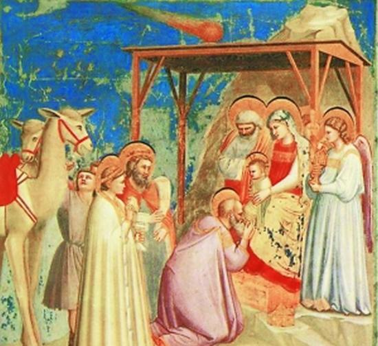 佛罗伦萨大画家乔托大约在1303至1304年间完成的壁画《麦基的礼物》。哈雷彗星曾于1301年出现过一次，这给了这位艺术家创作的灵感，他把伯利恒之星（耶稣出生时