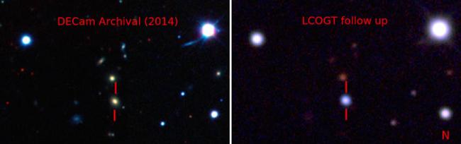 超新星爆发前（左）和爆发后（右）的伪彩色图像。左图是4米望远镜上的暗能量相机拍摄。右图是1米LCOGT望远镜网络拍摄。东苏勃研究员从中国科学院国家天文台有偿使用