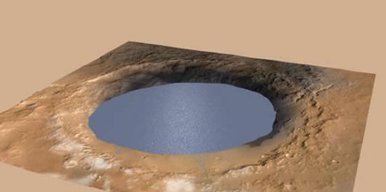 火星早期盖尔陨坑内形成的大型湖泊效果图。