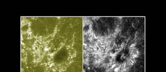 这张图片对比了太阳动力学天文台（左）和IRIS望远镜（右）的观测