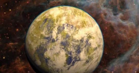 潜在的可居超级地球Gliese 832 c的艺术概念图，背景图是一个恒星星云