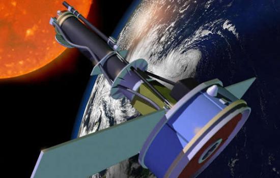 在轨的界面区域成像光谱仪（IRIS）卫星的艺术家概念图。这个观测太阳的望远镜发射于2013年6月。
