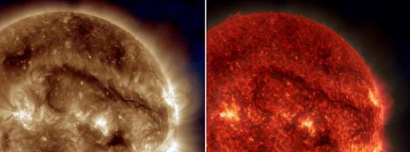 太阳动力学天文台观测到太阳表面巨型“沟壑”，并以不同波段的观测图像呈现出来